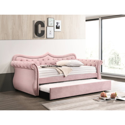 Lit de jour simple et lit gigogne en velours rose - entièrement rembourré, pieds en bois, ornements garnis de boutons et têtes de clous, sans matelas, capacité de poids de 330 lb avec lit rembourré, base de pieds,