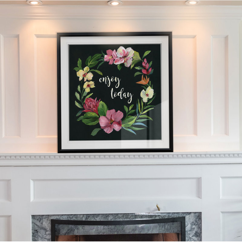 «Tropic Wreath Enjoy Today», peinture, H 16 po x l 16 po x P 2 po, Cadre noir