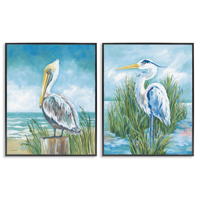 «Pelican & Heron» par Beachside, ensemble de 2 giclées encadrées, design par Diane Kater