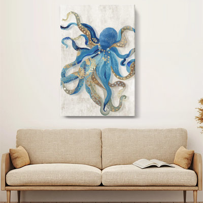 Ocean Octopus Gallery Wrapped Canvas Wall Art, Blue Octopus with Golden Spots Art Nouveau Inspired Design, Marine Animal Wall Decor for Living Room Bedroom Office, Ready to Hang
