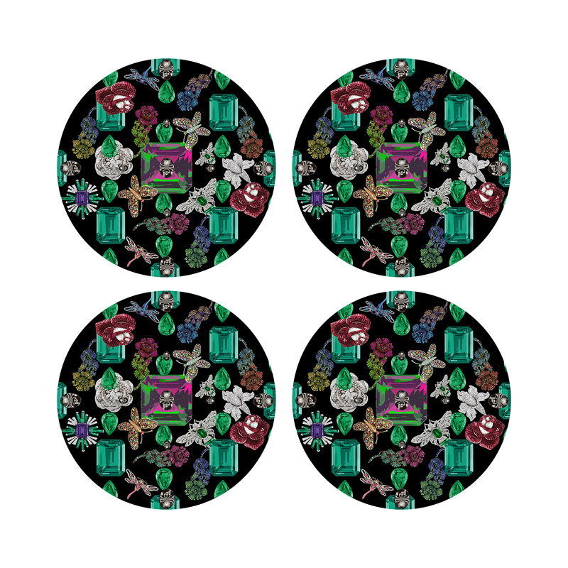 Jewel Box Emeralds Vegan Leather Round Coasters, Black