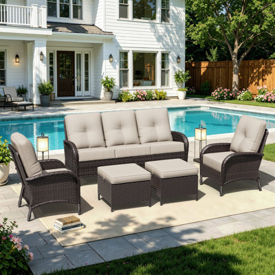 Holoman 5-Piece Outdoor Wicker Patio Set, 3-Seat Sofa, 2 Reclining Chairs & 2 Storage Ottomans With Soft Cushions