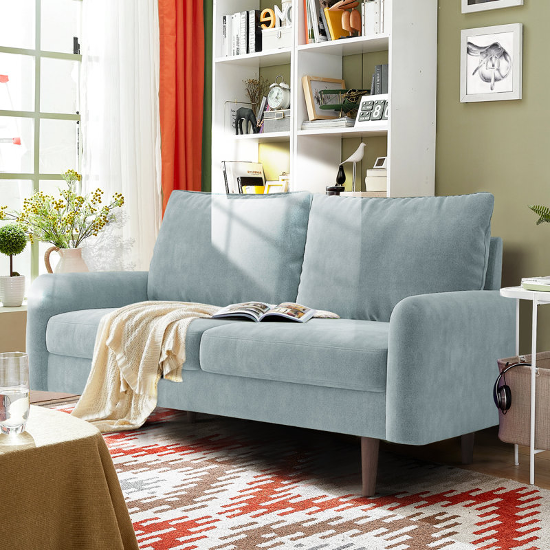 Marick Wide Round Arms Small Apartment Loveseat, Light Grayish Cyan Velvet, 56.3" W