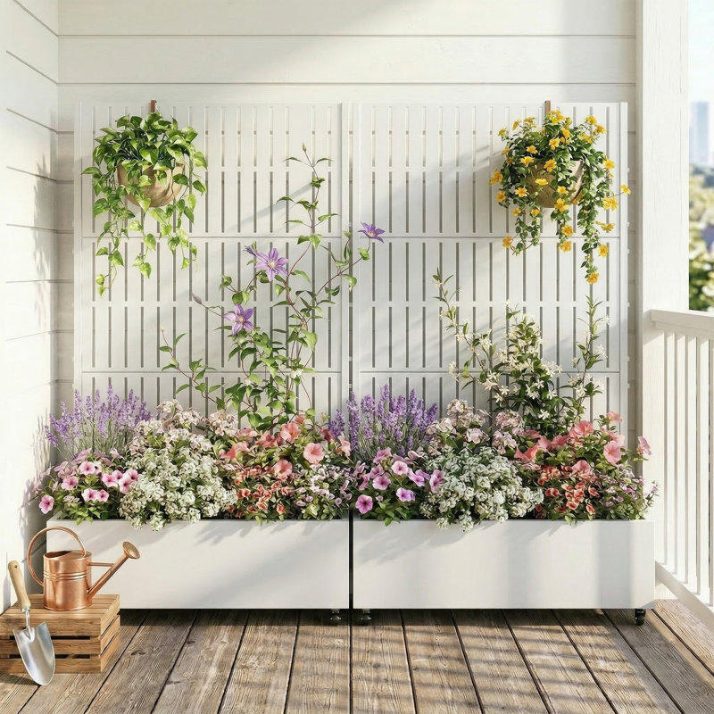 Lit de jardin en métal avec treillis et roues H 6 pi x l 4 pi - blanc, Blanc
