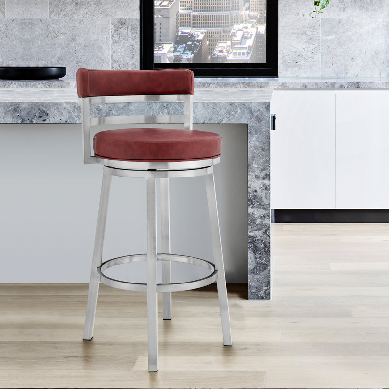 Deherrera Modern Swivel Counter or Bar Stool with Open Low Back and Footrest in Metal and Faux Leather, Black, Ford Black