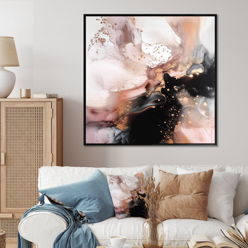 Texture or rose Splash Marble II - art abstrait marbre, salon, Cadre photo noir, H 16 po x l 16 po x P 1 po