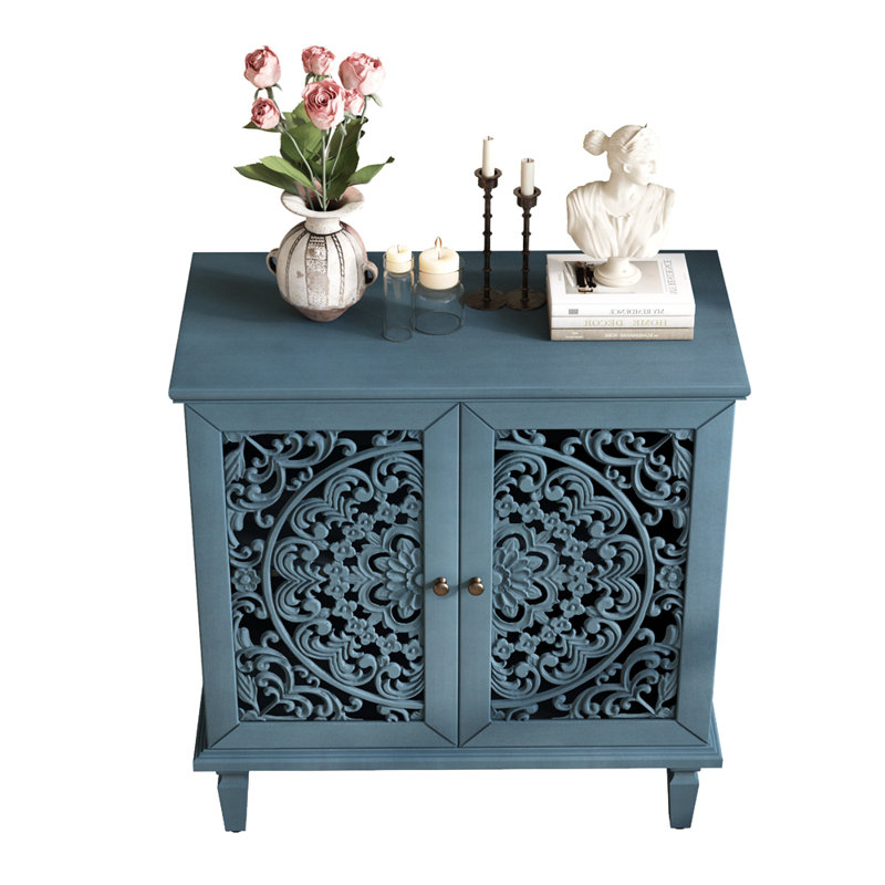 Vintage Hollow-Carved Accent Cabinet, 2-Door Display Storage Sideboard with Symmetrical Floral Design, Adjustable Shelf and Solid Wood Legs