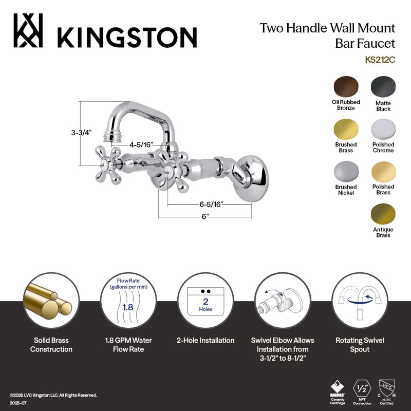 Kingston Brass Kingston Two-Handle 2-Hole Wall Mount Bar Faucet, Brushed Brass