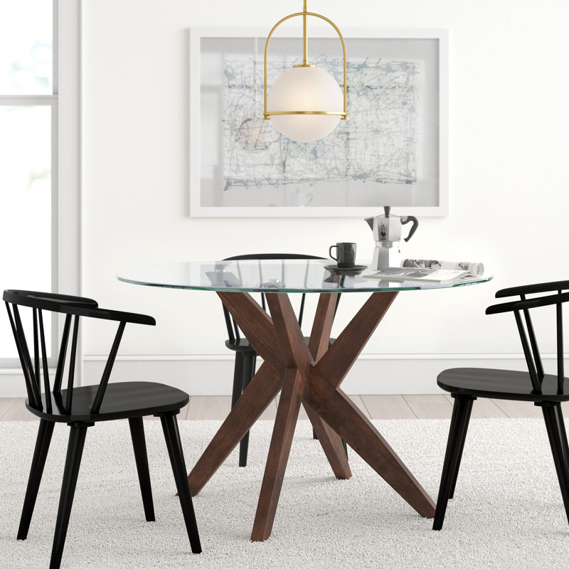 Vosburg Round Glass Top Solid Wood Base Dining Table, Brown