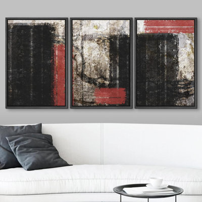 Grunge noir, rouge, géométrique, blocs de couleur, formes abstraites, art moderne sur toile, impression 3 pièces