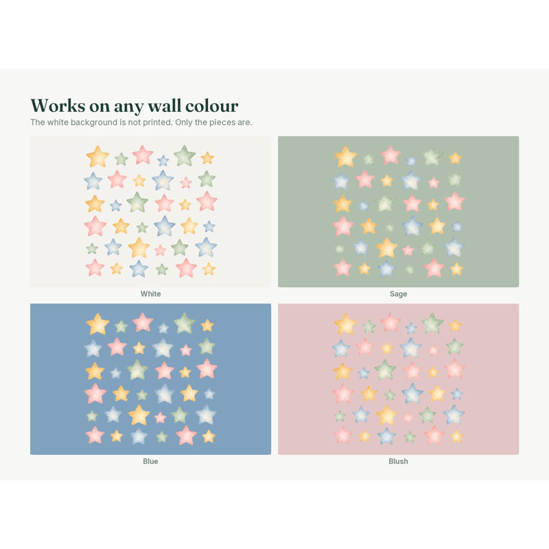 Watercolor Star Wall Decals, Set of 36 Peel and Stick Nursery Wall Stickers, Satin Finish Removable Kids Room Wall Art, 20"W x 20"H (50 x 50 cm)