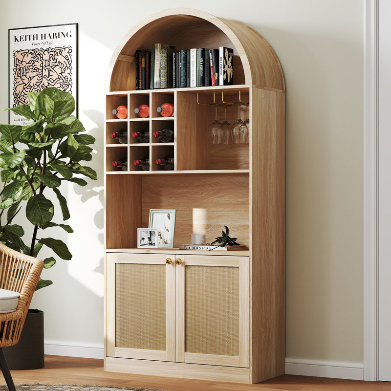 Armoire de bar arquée de 70,86 po de hauteur avec support à vin, armoire à vin de ferme avec armoire en rotin et tablettes ouvertes