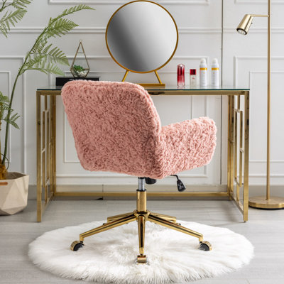 Chaise de bureau A&A Furniture, chaise de bureau à domicile en poils de lapin artificiels avec base en métal doré, chaise de bureau pivotante réglable, chaise de coiffeuse (rose)