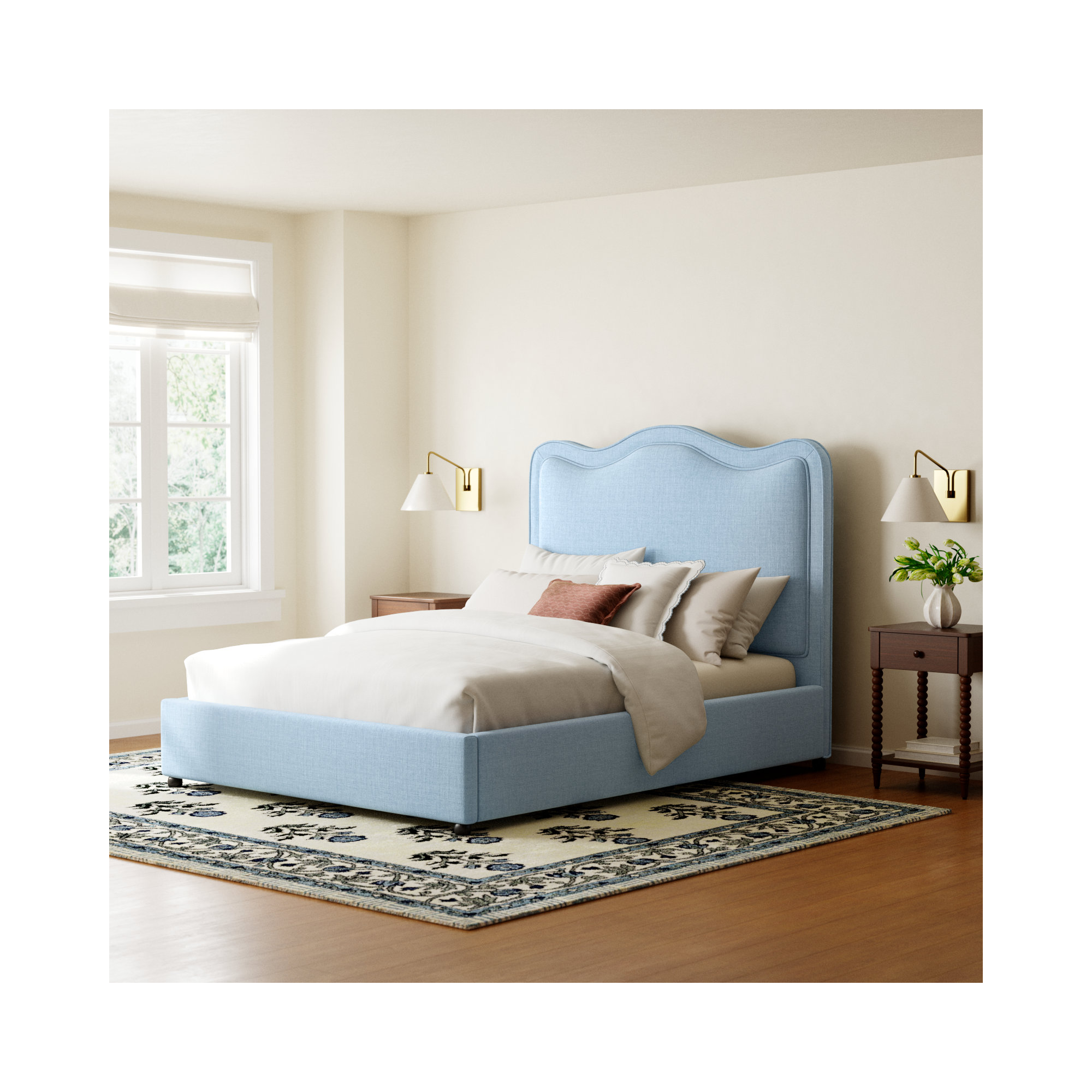 Upholstered Scalloped Bed, Light Blue Performance Linen, Queen