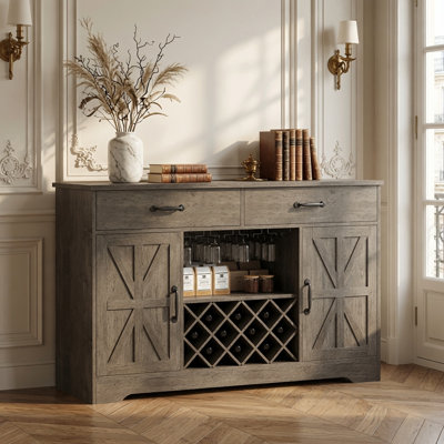 Armoire à café avec rangement et support à vin, porte-verre et 2 tiroirs