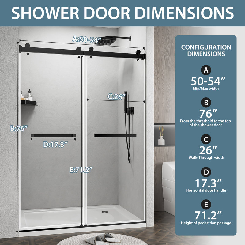 Porte de douche coulissante double sans cadre l 50 à 54 po x H 76 po avec verre antidéflagrant 1/4 po et quincaillerie en acier inoxydable noir mat
