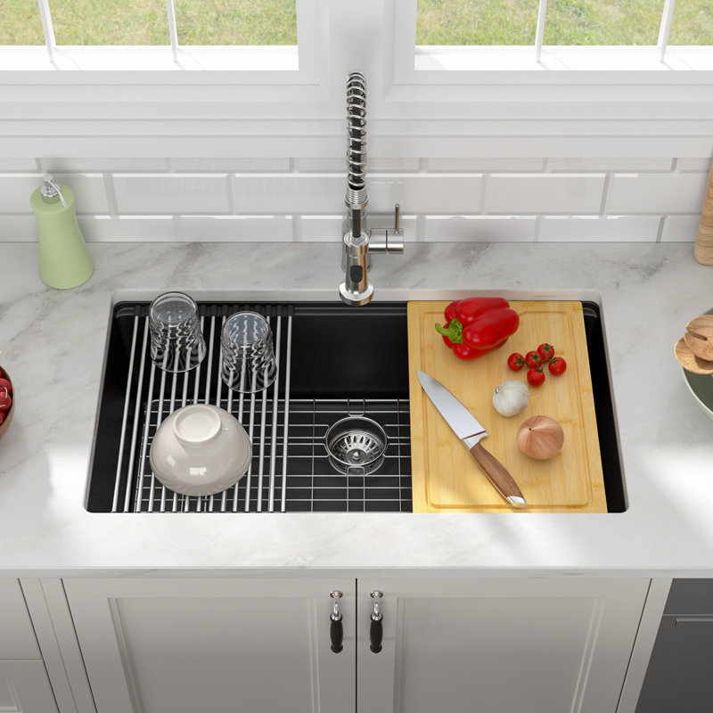 Évier de cuisine encastré en granite noir mat Lofeyo, évier de poste de travail à simple cuve en quartz avec rebord, cuve profonde moderne, 30 po