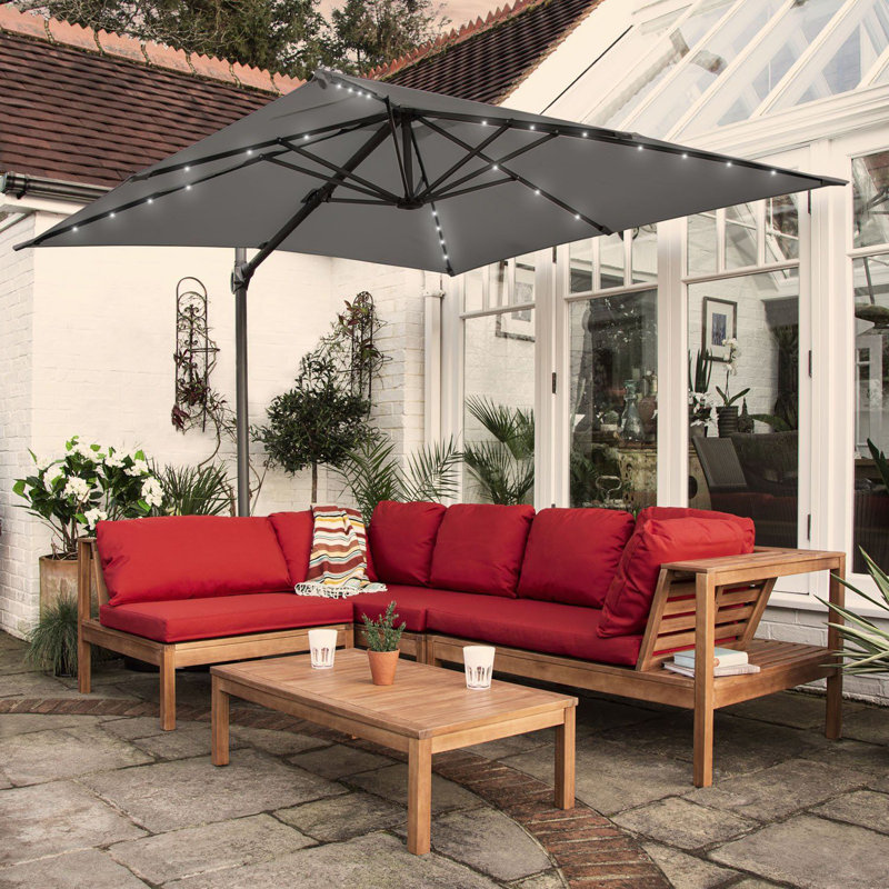 Collinward 5 - Person Seating Group with Red Cushions and Grey LED  Parasol