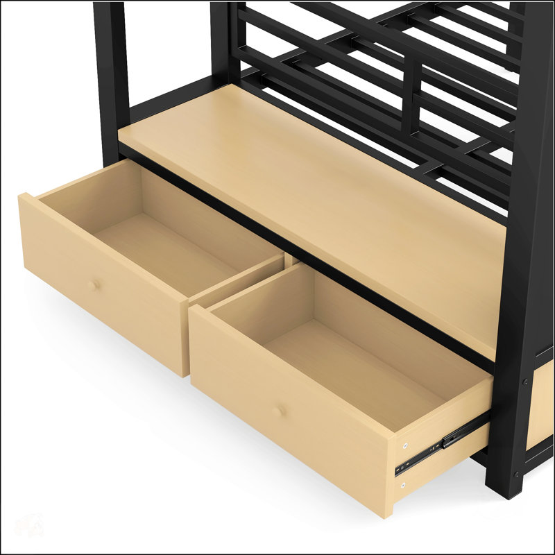 Lit superposé en métal simple TG sur simple TG avec tablettes de rangement, tiroirs et panneau perforé pour adolescents, maximisant l'espace et l'organisation