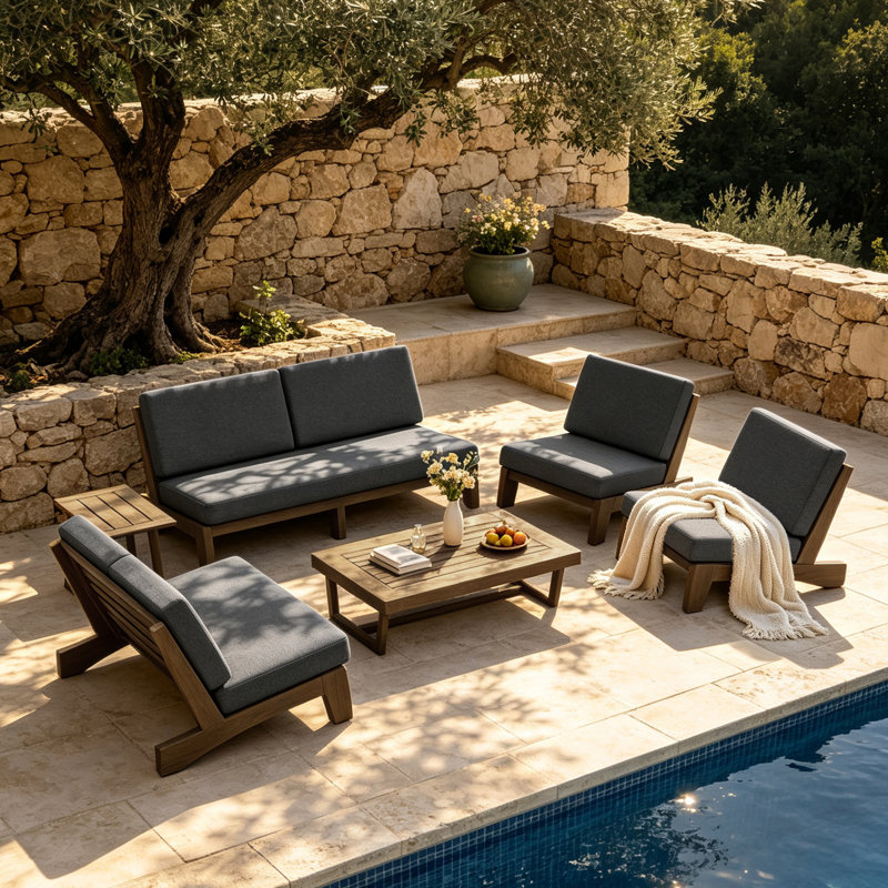 Ensemble de conversation Polett, 6 Pcs: 2 Tables, Loveseat, 2 Chairs, Sofa, Gris foncé, Brun