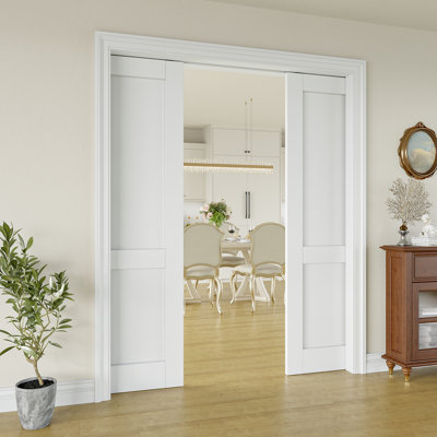 Sliding Pocket Door 2-Paneled White Standard Door With Hardware Kit Set