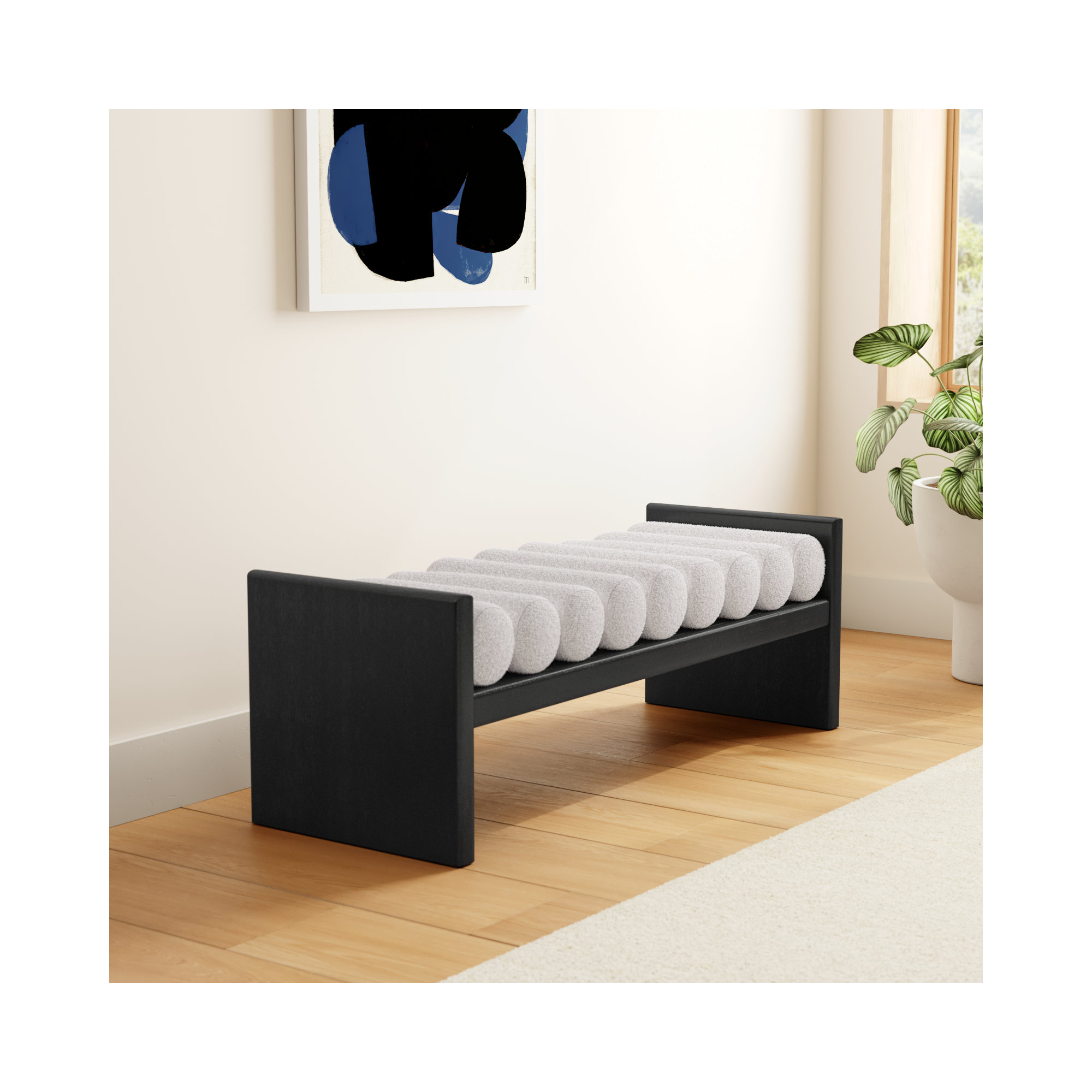 Reeves Boucle Wood Bench, Cream Boucle Fabric / Black Finish, 18" H x 52" W x 19" D