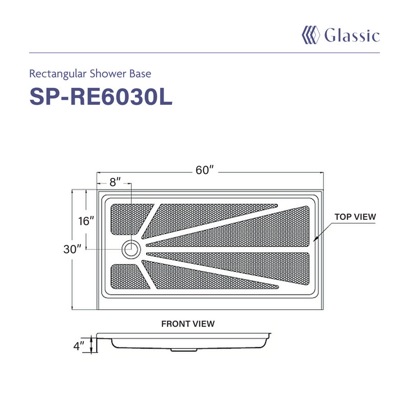 60"W X 30"L X 4"H Rectangular Left Drain Acrylic Shower Base | Low Profile | Non-Slip Design| White Color For Modern Bathrooms
