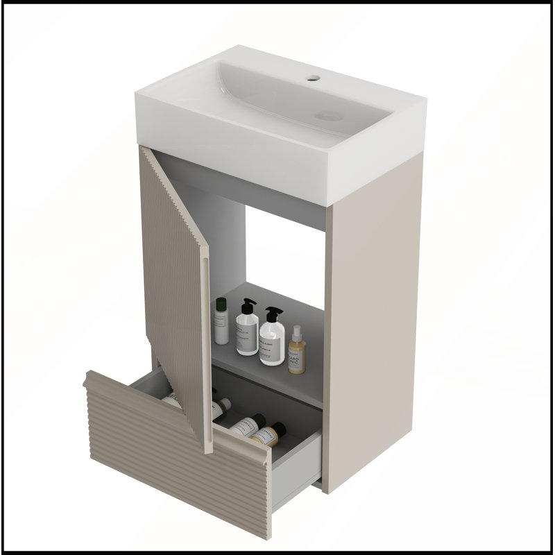 Meuble-lavabo rayé avec lavabo en céramique 20 po Gada pour salle de bain moderne, Beige
