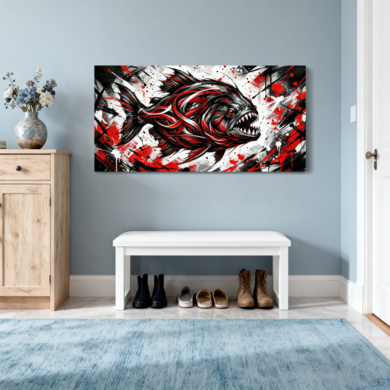 Animaux, motif de poissons abstrait rouge, noir et blanc, H 16 po x l 32 po