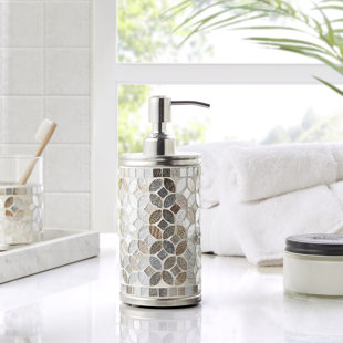 Silver Bathroom Accessories Set Complete - Mosaic Glass Bathroom Accessory  Set, 6 Piece Bathroom Set Includes: Bathroom Trash Can, Tissue Cover, Soap  Dispenser, Toothbrush Holder, Tumbler & Soap Dish : : Home