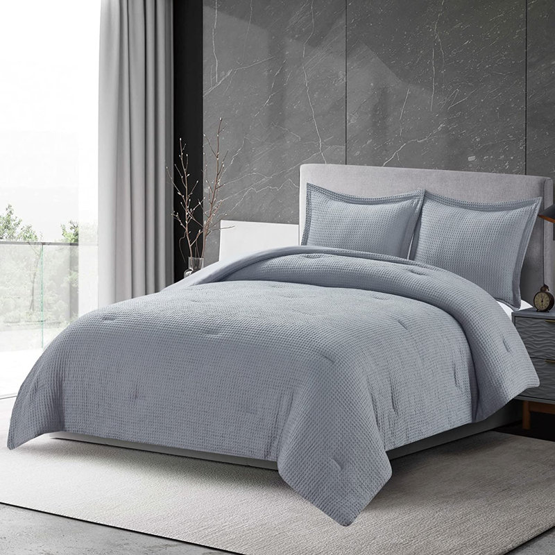 Wilmer Waffle Weave Textured Comforter Set, Full Comforter + 2 Standard Shams, Gray