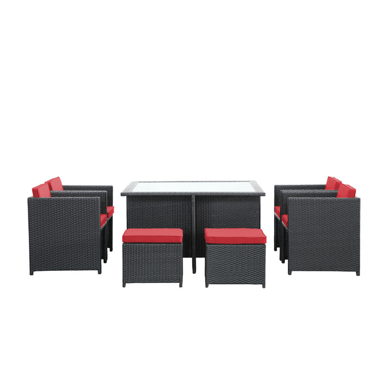 Modway Inverse Wicker Rattan 9-Piece Outdoor Patio Dining Furniture Set, Red
