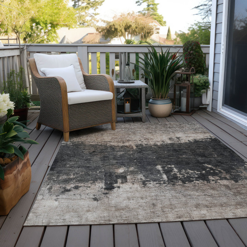 Taupe and Black Abstract Washable Indoor/Outdoor Rug