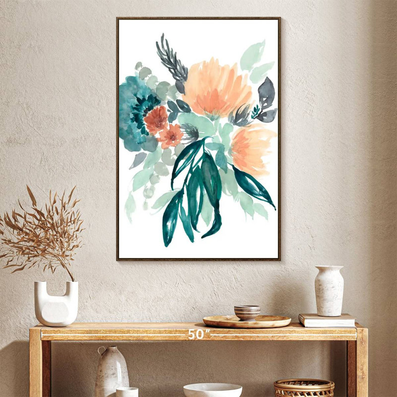 Bleu sarcelle et bouquet de pêche I, Cadre flottant noyer, 27 po x 40 po