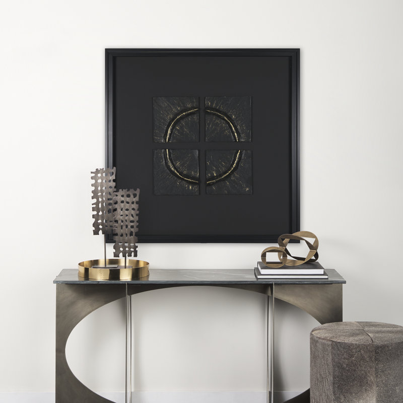 Équivalent à quadrant blanc, œuvre d'art texturée 3D encadrée à la main sous verre, Noir, Equal Quadrants Black
