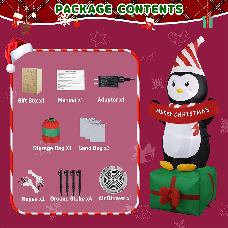 6FT Black and White Polyester Christmas Penguin Inflatable with LED Lights
