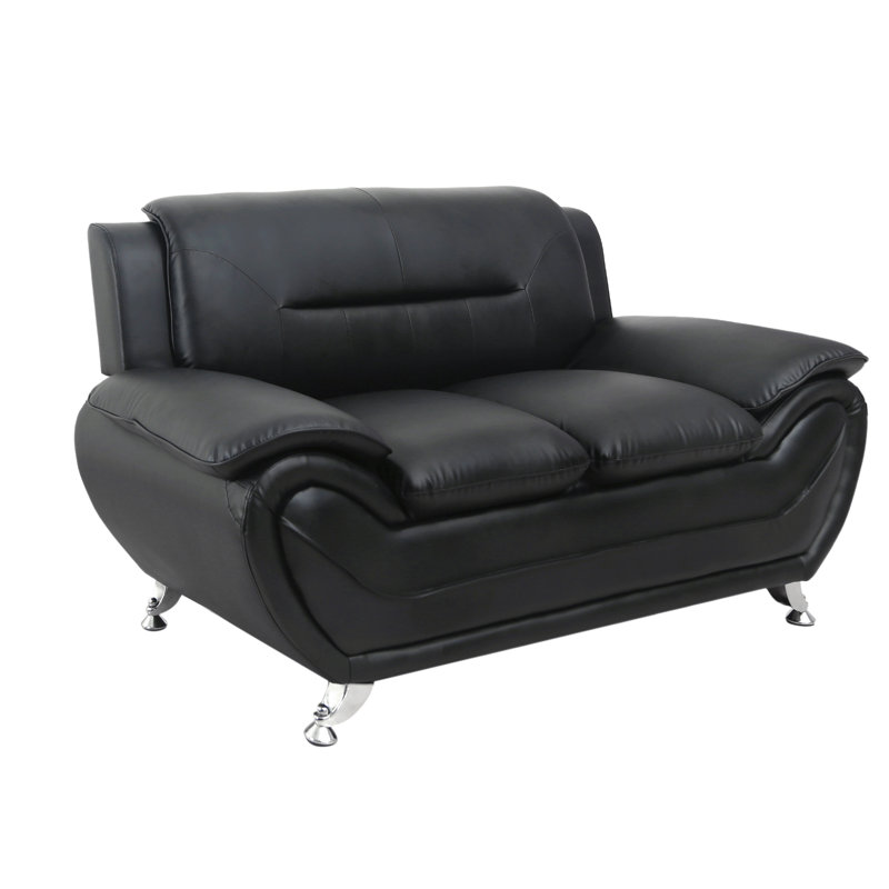 Segura Faux Leather Pillow top Arm Loveseat, Black Faux Leather, 35”H x 61.3”W x 34”D