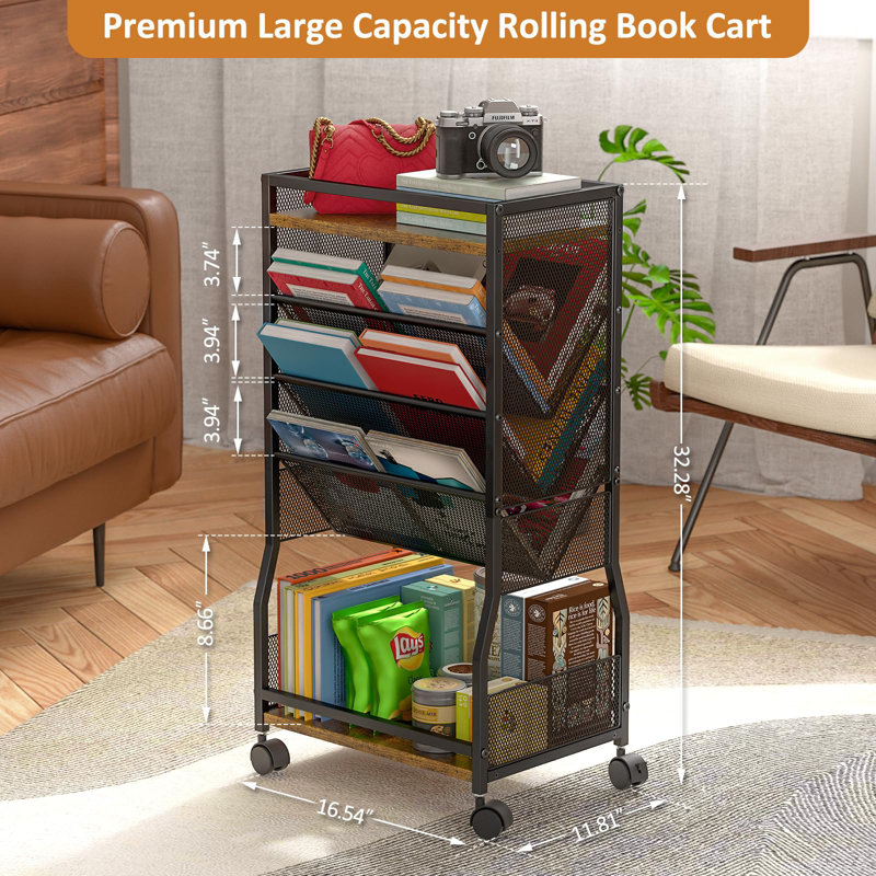 8 Tier Rolling Bookshelf Cart With Wheels, Mobile Book Storage Cart With 2 Sides Access Bookcase For Narrow Space, Rolling File Organizers And Storage