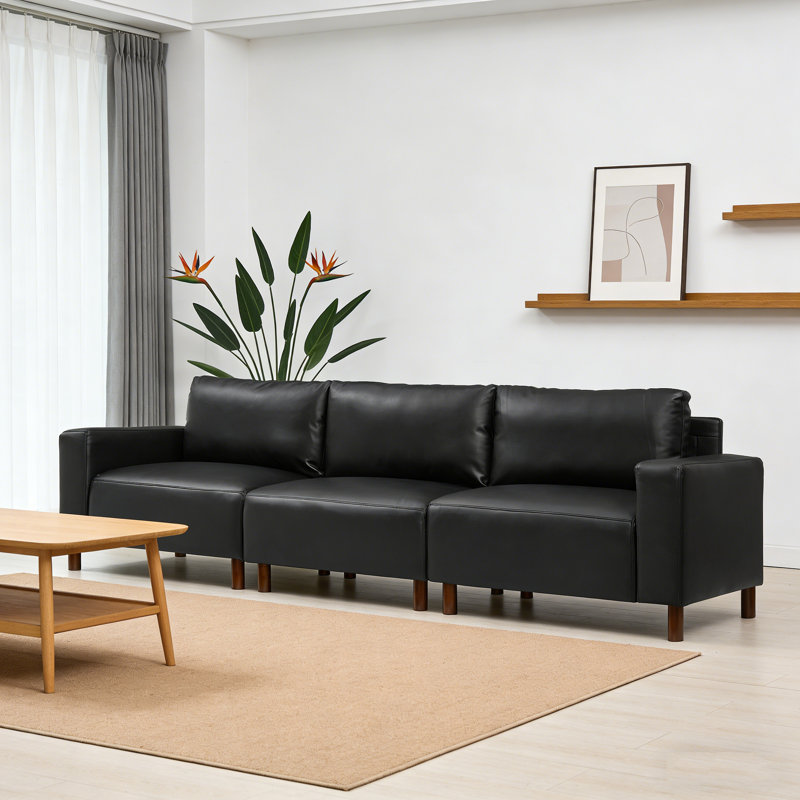 112" Luxury PU Leather Sofa for Living Room,Apartment,Upholstered Breathable Faux Leather PU Couch with Wood Legs, Black