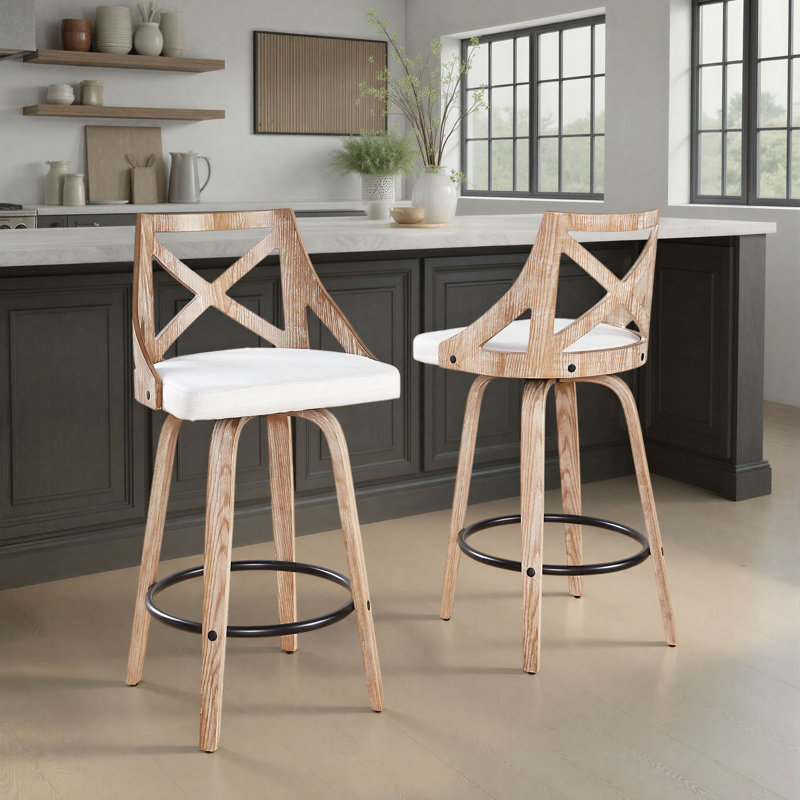 Tabouret de comptoir à hauteur fixe de 26 po avec pieds en bois courbé et repose-pieds rond Dannie, Cream Fabric