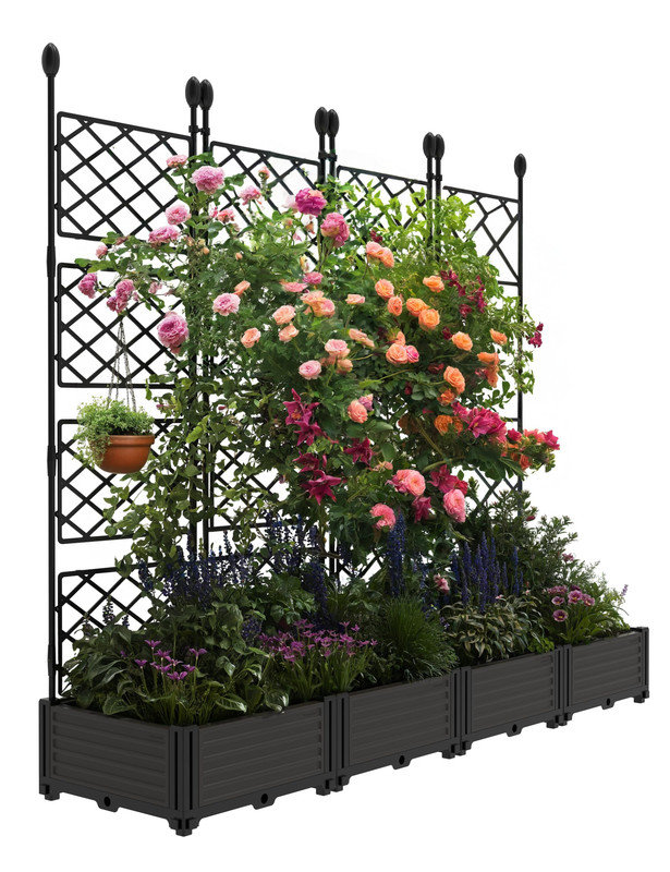 Ensemble de boîte à fleurs en plastique 4 pièces avec treillis en métal, écran d'intimité H 48,8 po pour plantes grimpantes, lit de jardin surélevé pour la terrasse du balcon