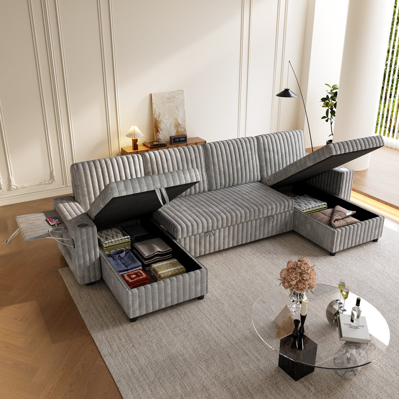 110.6" Oversized U-Shaped Sectional Sleeper Sofa with Pull-Out Bed & Double Storage Chaise, Corduroy Fabric Couch for Living Room，gray