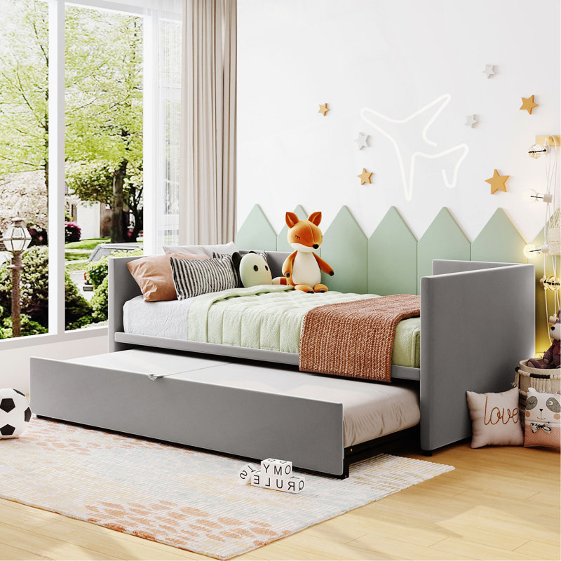 Twin Size Upholstered Daybed With Pop Up Trundle, Gray