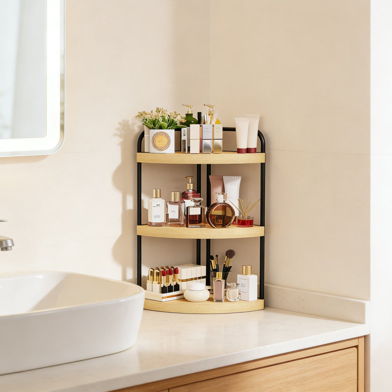 Organisateur de comptoir de salle de bain d'angle à 3 niveaux, tablette peu encombrante pour meuble-lavabo, organisateur de comptoir robuste et imperméable avec finition grain de bois