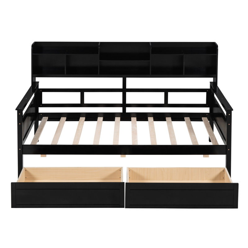 -colored Daybed With Wood Frame, Bedside Shelf, And Two Drawers Strong Slats, Drawers, Shelving, Twin, Espresso