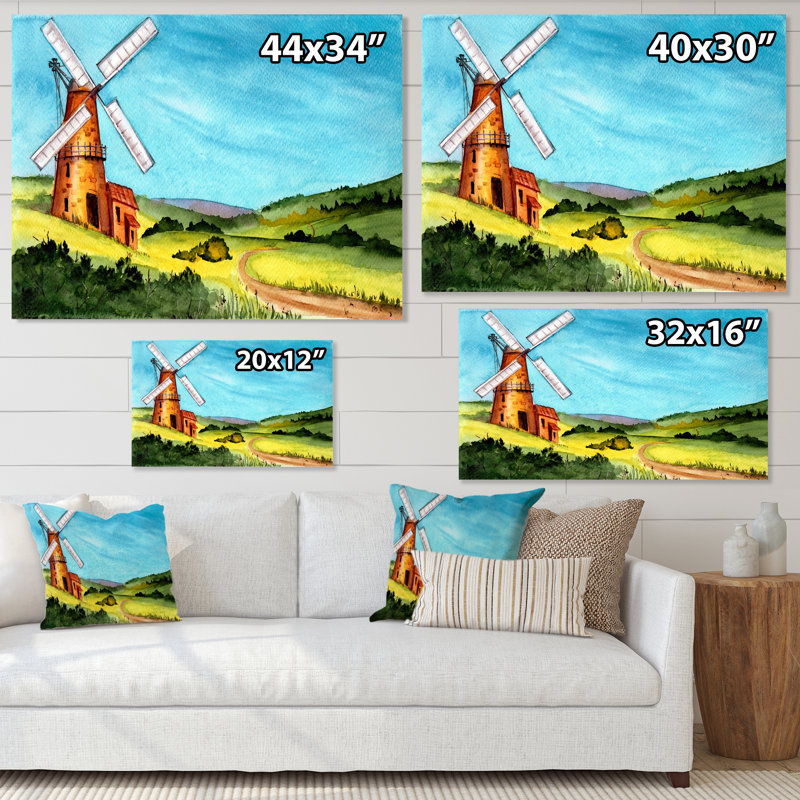 Paysage avec un moulin à vent et un toit de tuiles - Peinture sur toile, H 16 po x l 32 po, Cadre photo blanc