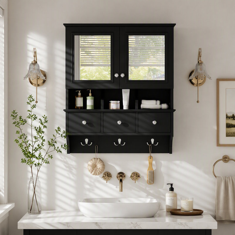 Armoire à pharmacie murale 4 en 1 de 24 pouces avec miroirs haute définition, tiroirs et crochets de rangement, Black
