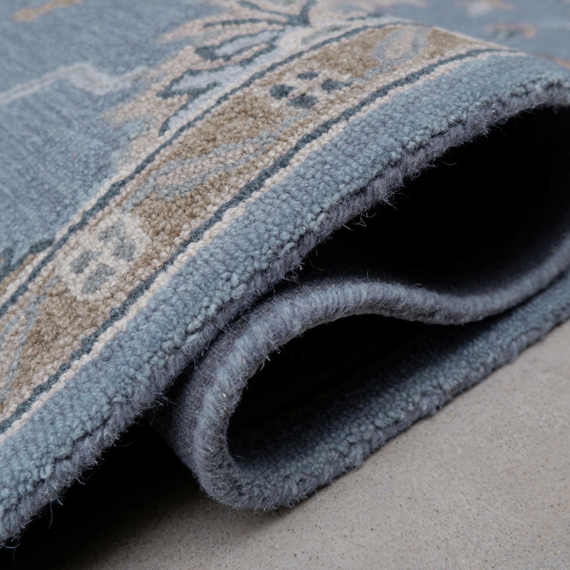 Greer Hand-Tufted Microloop Pile Wool Traditional Medallions Area Rug Blue Tan Ivory, Rectangle 8'6" x 12'6"