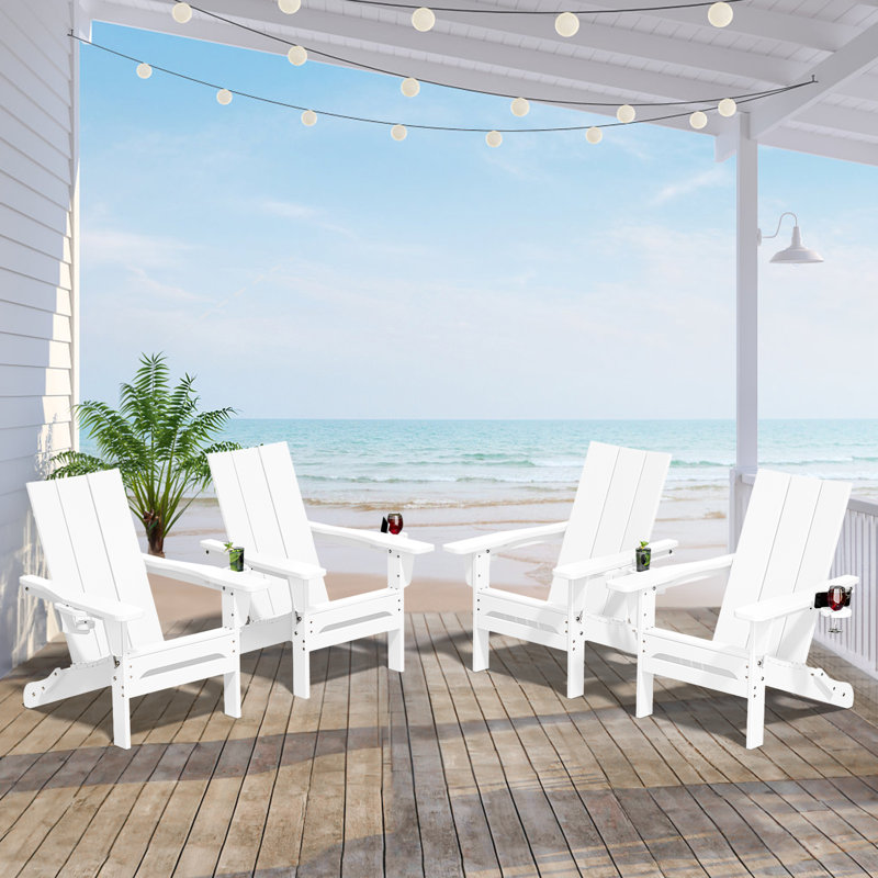 Wolak High Density Polyethylene Folding Adirondack Chair With Double Cup Holder(Set Of 4), White