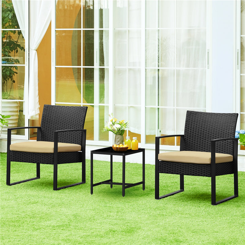 2 Seater Rattan Conversation Set, Black/Khaki